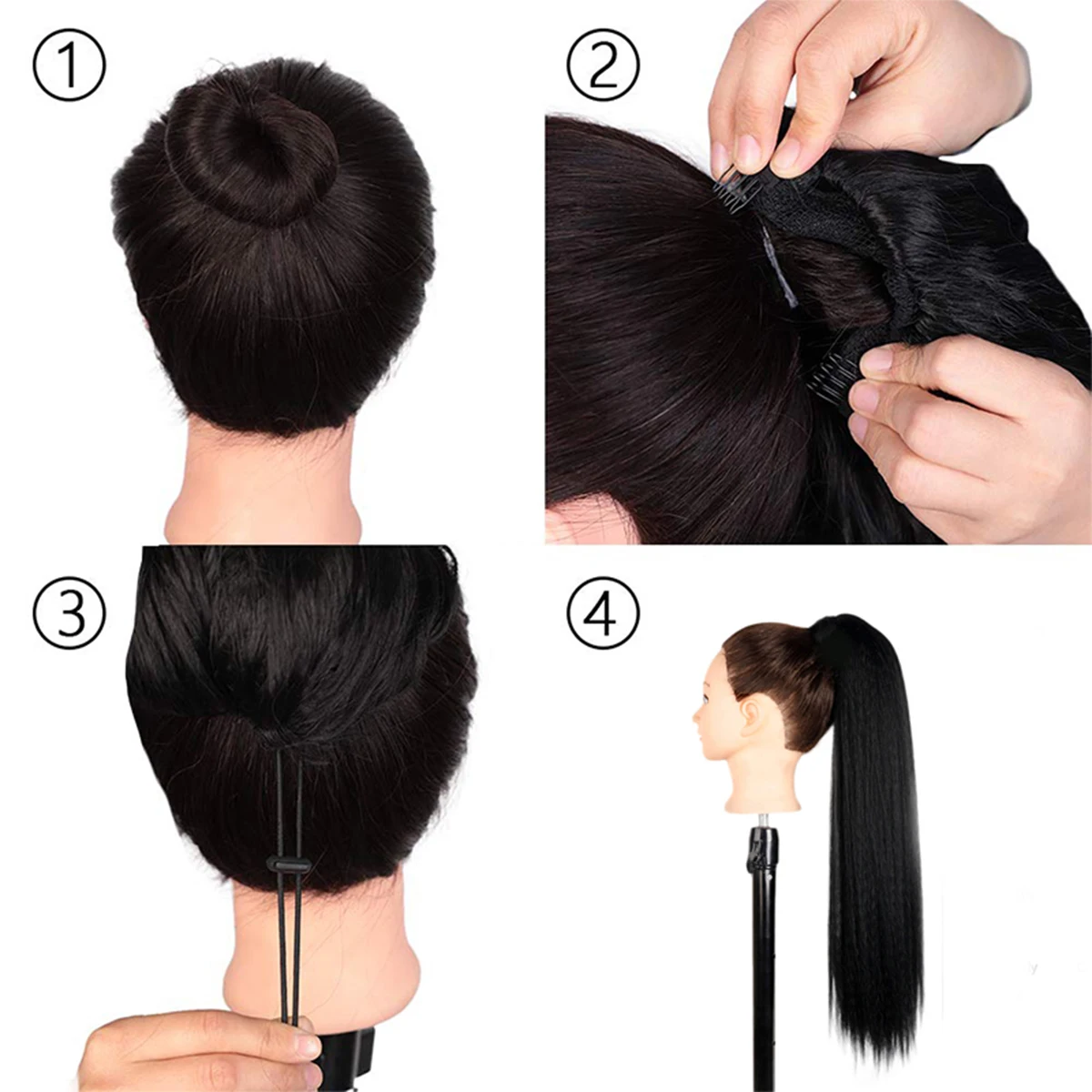 NICESY Synthetic Kinky Straight Long 24 Inch Drawstring Ponytail Hair Extension Clip Hairpieces Yaki With Elastic Band Comb