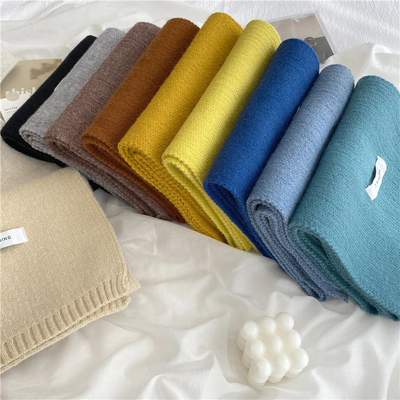 Luna&Dolphin Women Autumn Winter Solid Color Scarf Slim Neckerchief Soft Brown White Warm Knitted Woolen Ins Neck Pashmina Shawl