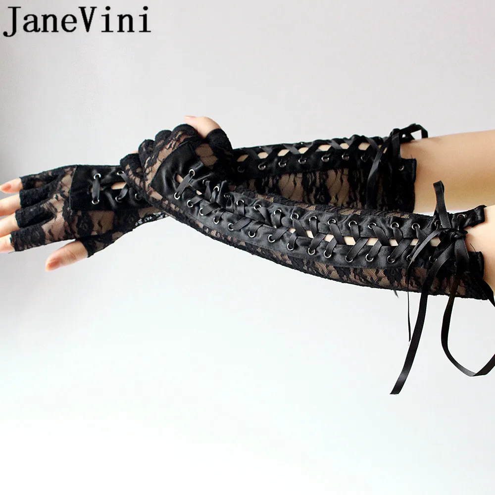 JaneVini Black Womens Long Wedding Gloves Lace Sexy Cocktail Party Evening Gloves Elbow Length Glove Dress Accessoire De Mariage