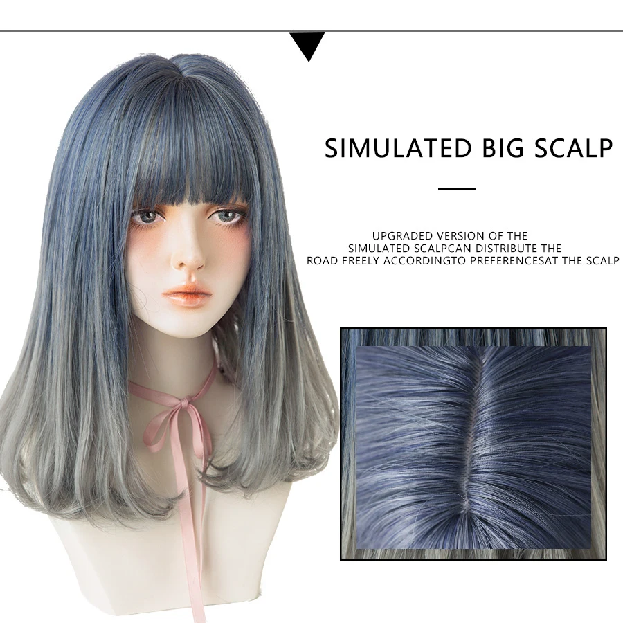 7JHH WIGS Medium Length Omber Blue Gray Wigs With Fluffy Bangs Synthetic Straight Colourful Hair Wig For Women Beginner Friendly