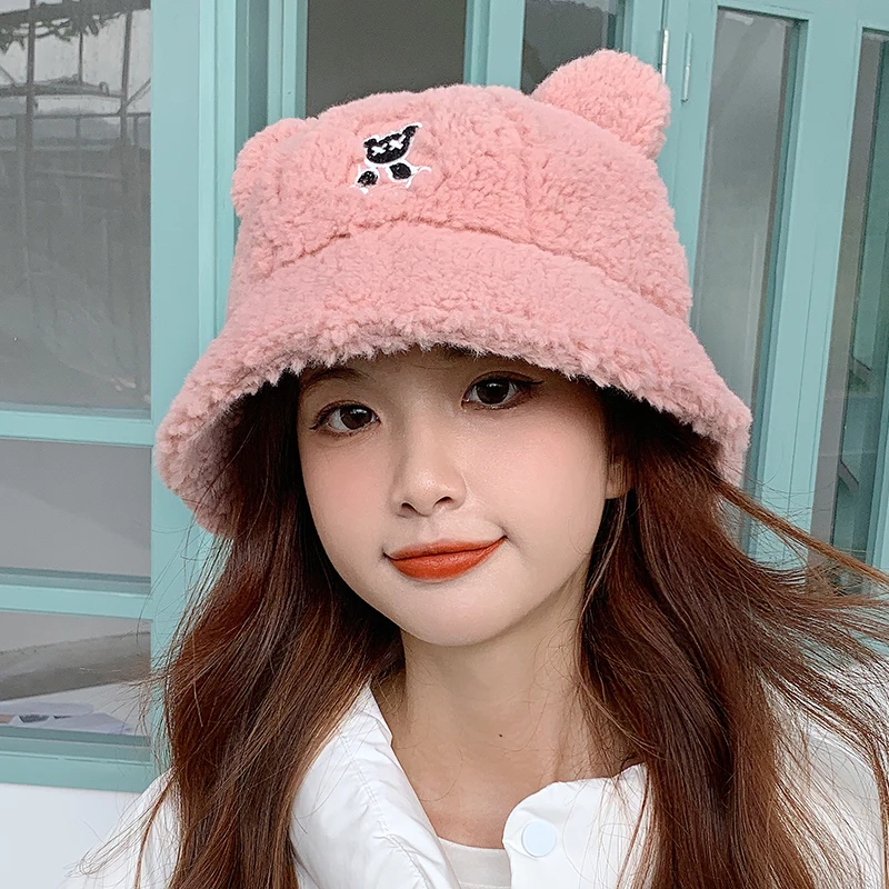 

New Winter Fur Bucket Hat Bear Ear Ball Plush Fisherman Hat Soft Warm Thick Basin Hat Protection Bucket H