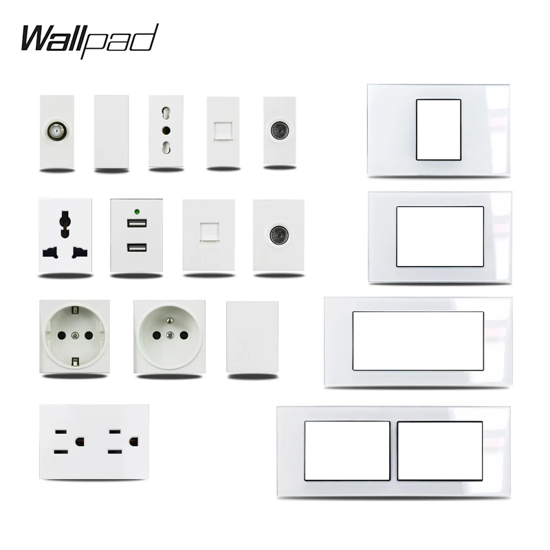 US Italy Type DIY White Glass Panel  Satellite TV DATA USBCharger  EU French USA Wall Socket Wallpad 118*75mm 153*75mm 191*75mm