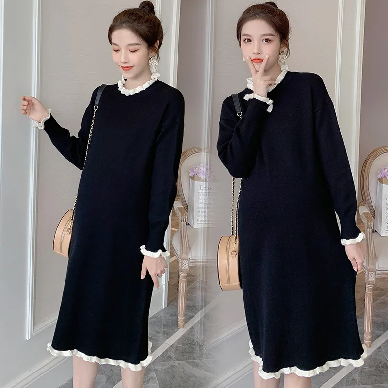 Autumn Winter Korean Fashion Thick Knitted Maternity Long Dress Black Clothes for Pregnant Women Pregnancy Casual Dress