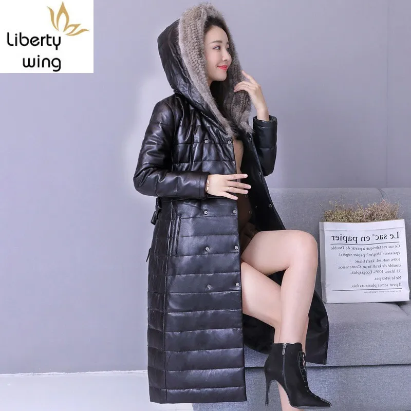 Hooded Sheepskin Long Leather Jacket Women Warm Faux Mink Fur Collar Solid Black Belt Plus Size Coat Female Fashion Winter