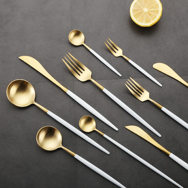 Gold Tableware Set Matter Silverware 304 Stainless Steel Cutlery Set Kitchen Dinnerware Set Knife Spoon Chopsticks Western White