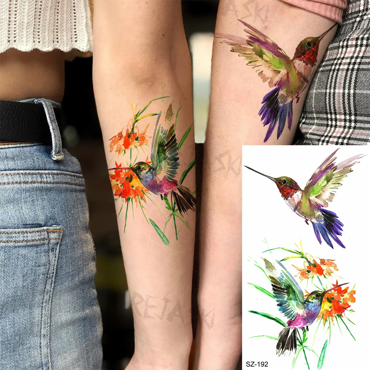 Color Hummingbird Temporary Tattoos For Women Kids Rose Paper Crane Animal Realistic Fake Tattoo Body Art Half Sleeve Tatoos