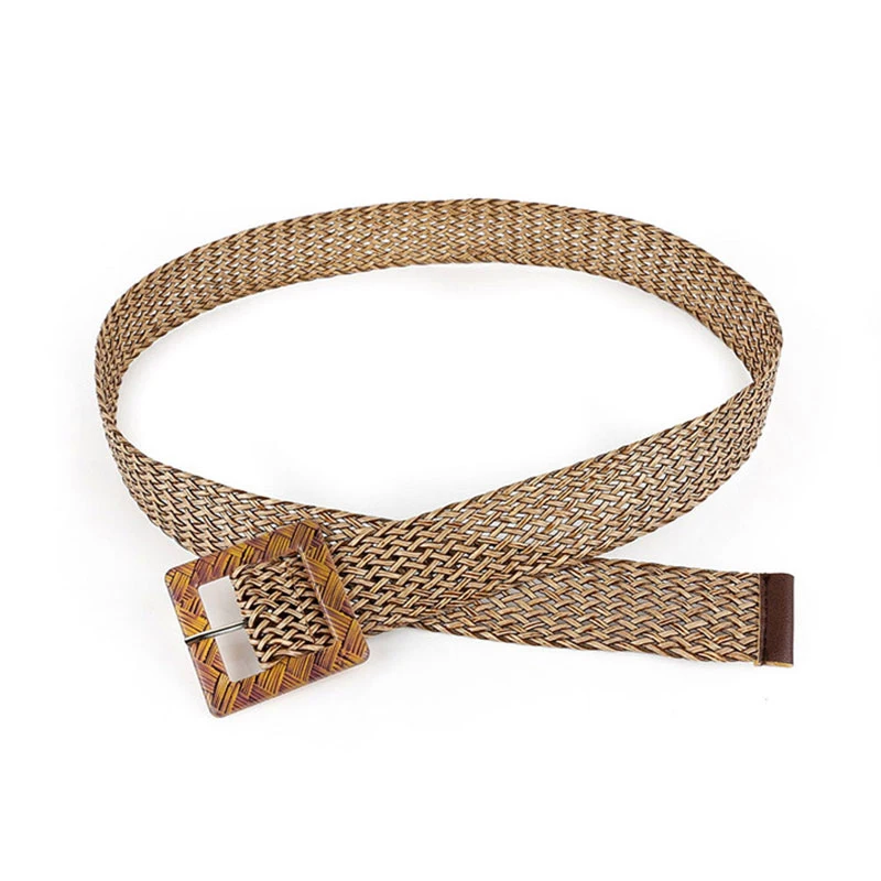 Fake Straw Knitted Round Square Buckle Waistband Breathable Hollow Elastic Decorative Wide Belt Woven Belt Women Braid Belt