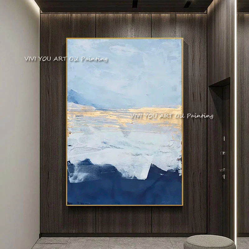 100% Hand Painted Blue Gold Abstract Seascape Oil Painting, Palette Knife Gold Foil Impasto Vertical Canvas Wall Art