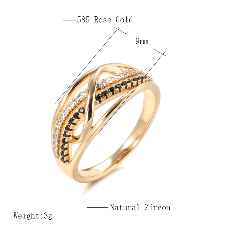 Kinel New Ring 585 Rose Gold With Black Natural Zircon Fashion Waves Rings for Women High Quality Daily Fine Vintage Jewelry