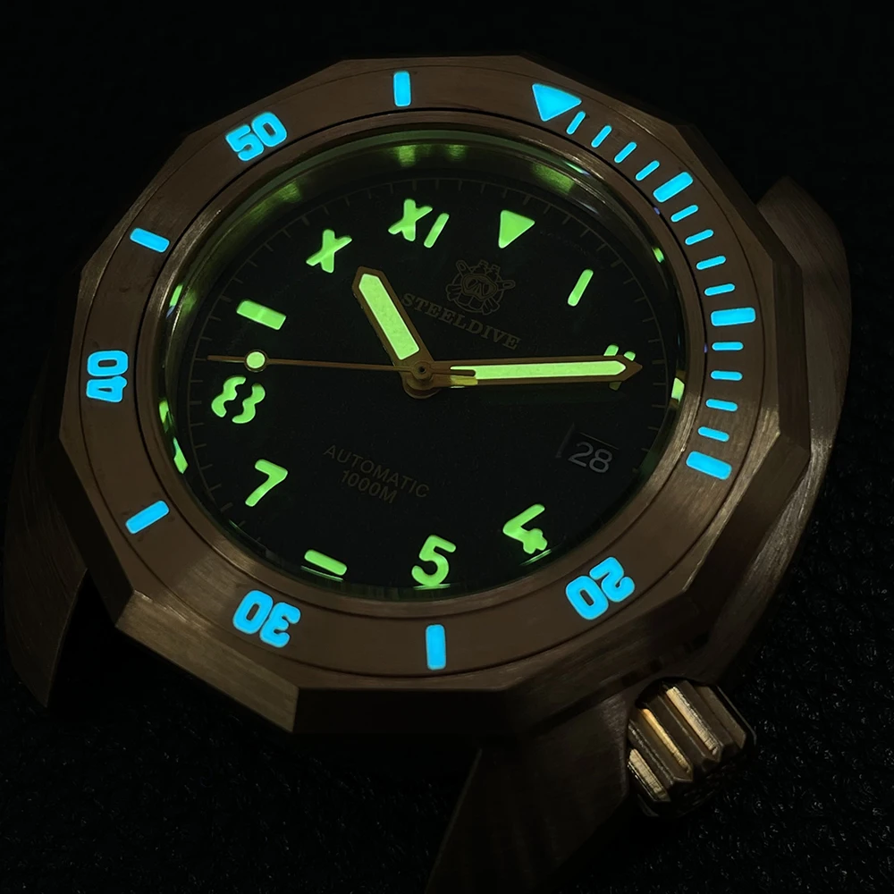 SD1946S CUSN8 Bronze Watch STEELDIVE Spark Black Dial Swiss Luminous 1000M Waterproof Swim Dive Surf Men's Mechanical Wristwatch