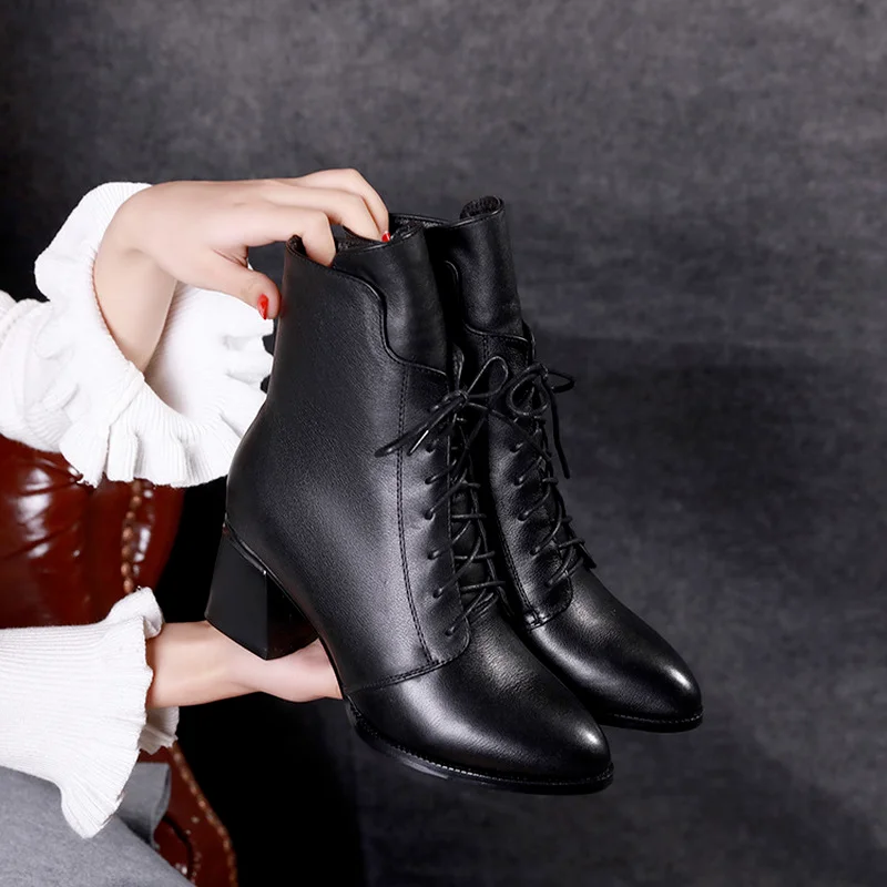 High Quality Soft Leather 2021 New Snow Boots Women's Thick Heel Velvet Warm Mar Boots Women's Medium Heel Cotton Boots