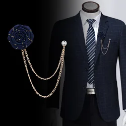 Korean Style Handmade Rose Flower Brooch Pin for Men Wedding Groomsmen Tassel Chain Lapel Accessory Cloth Art Suit Badge