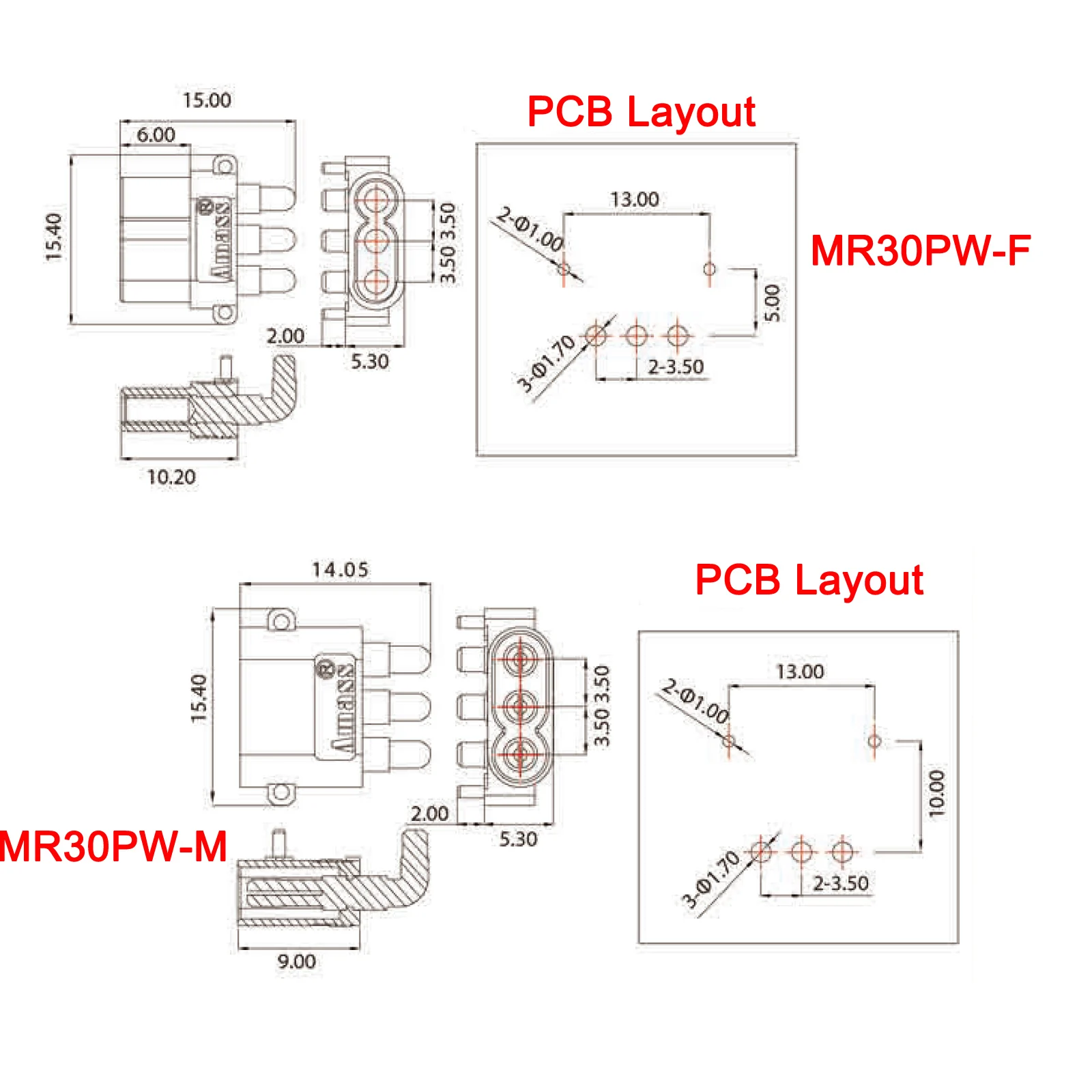 Amass MR30PW MR30 MR60 Male Female Connector Plug with Sheath PCB 3-PIN Motor ESC plug for Lipo Battery RC Multicopter Airplane