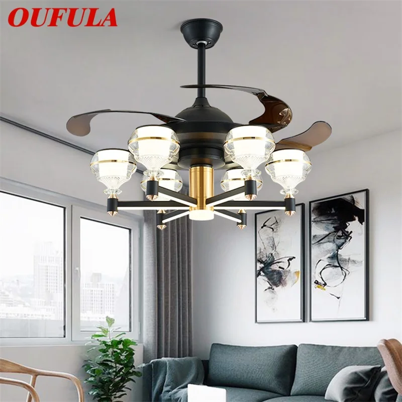 

OUFULA Ceiling Fan With LED Light Black Remote Control 220V 110V Home Decorative For Living Room Bedroom Restaurant