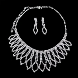 Luxury Rhinestone Wedding Bridal Jewelry Sets Silver Color Leaf Crystal Wedding Jewelry Necklace Earrings Sets for Women Gift