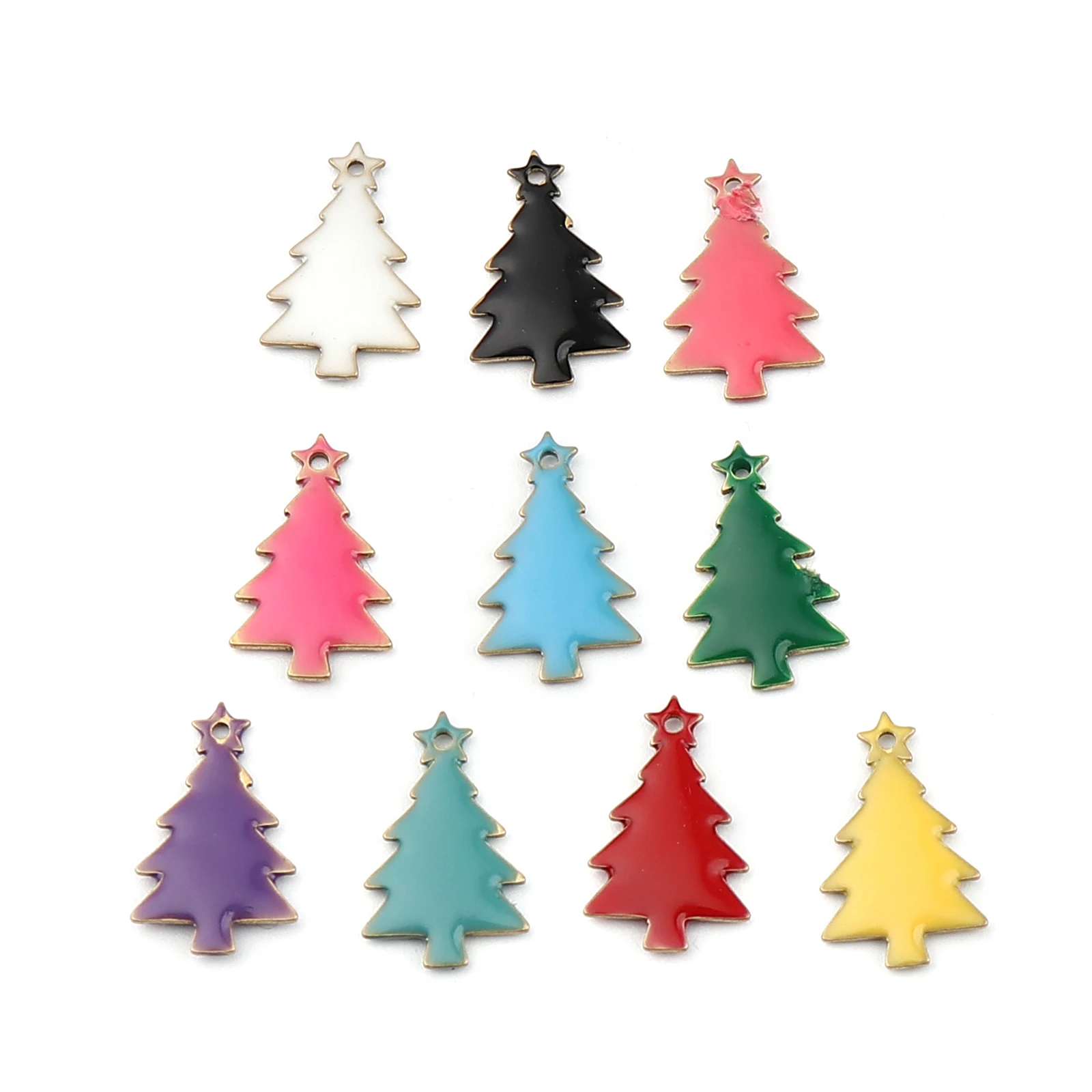 10 PCs Enmel Christmas Tree Charms Copper Double sided Enamelled Sequins Pendants Brass Color For Xmas Jewelry Making 14*7mm