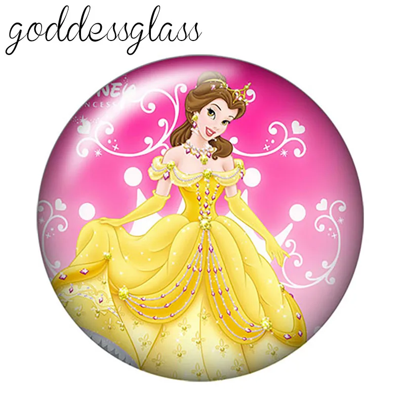 Princesses Elsa Belle Snow white 10pcs Round photo glass cabochon 18mm snap buttons for 18mm snap bracelets jewelry wholesale