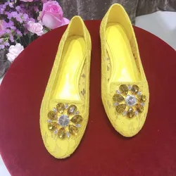 Summer Floral Lace Rhinestone Embellished Flat Shoes Women Glitter Crystal Flower Buckle Loafers Slip On Beauty Wedding Shoes