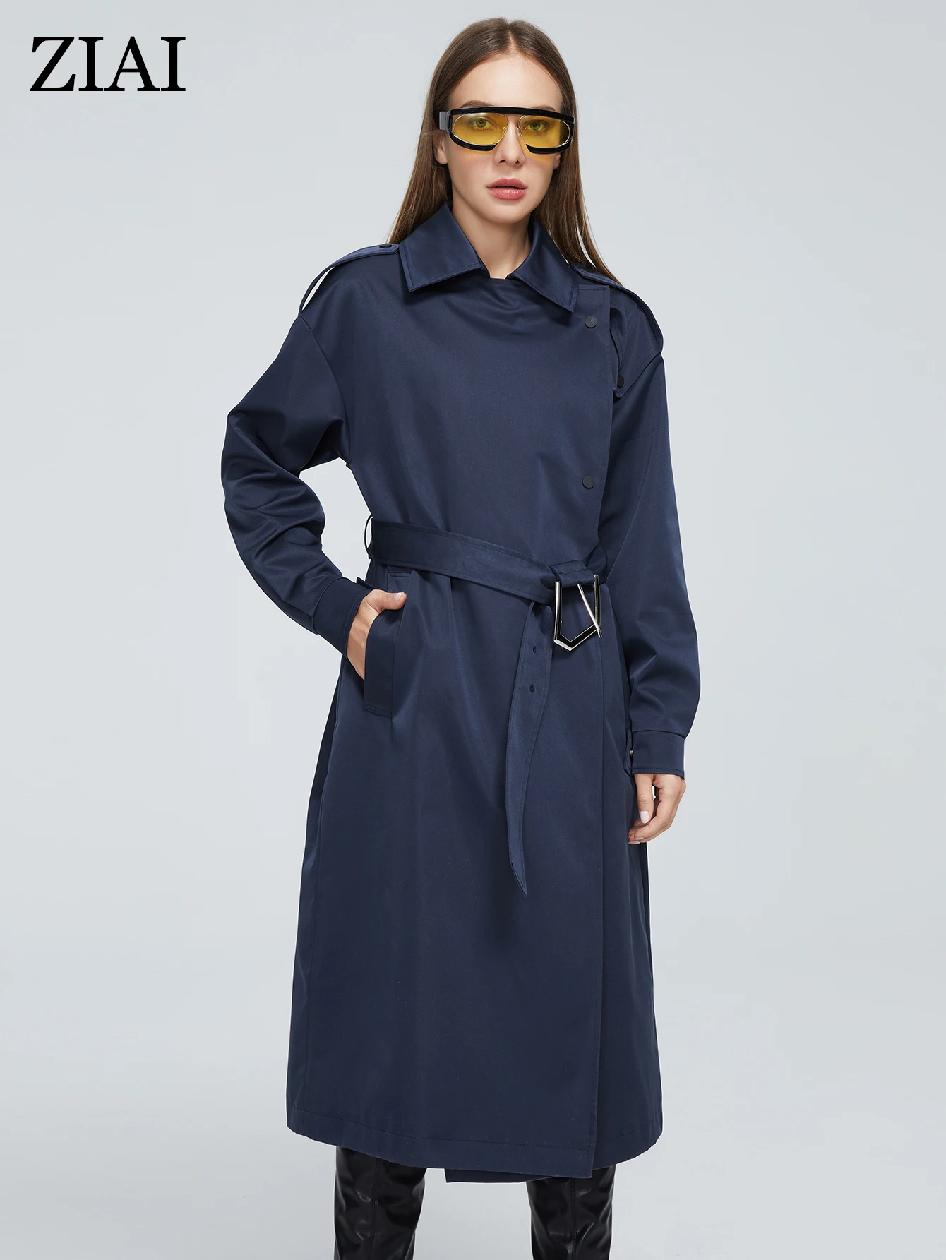 ZIAI women's spring jackets 2022 blue Classic Double Business Top Windbreaker long belt autumn trench coat women Outerwear DS07