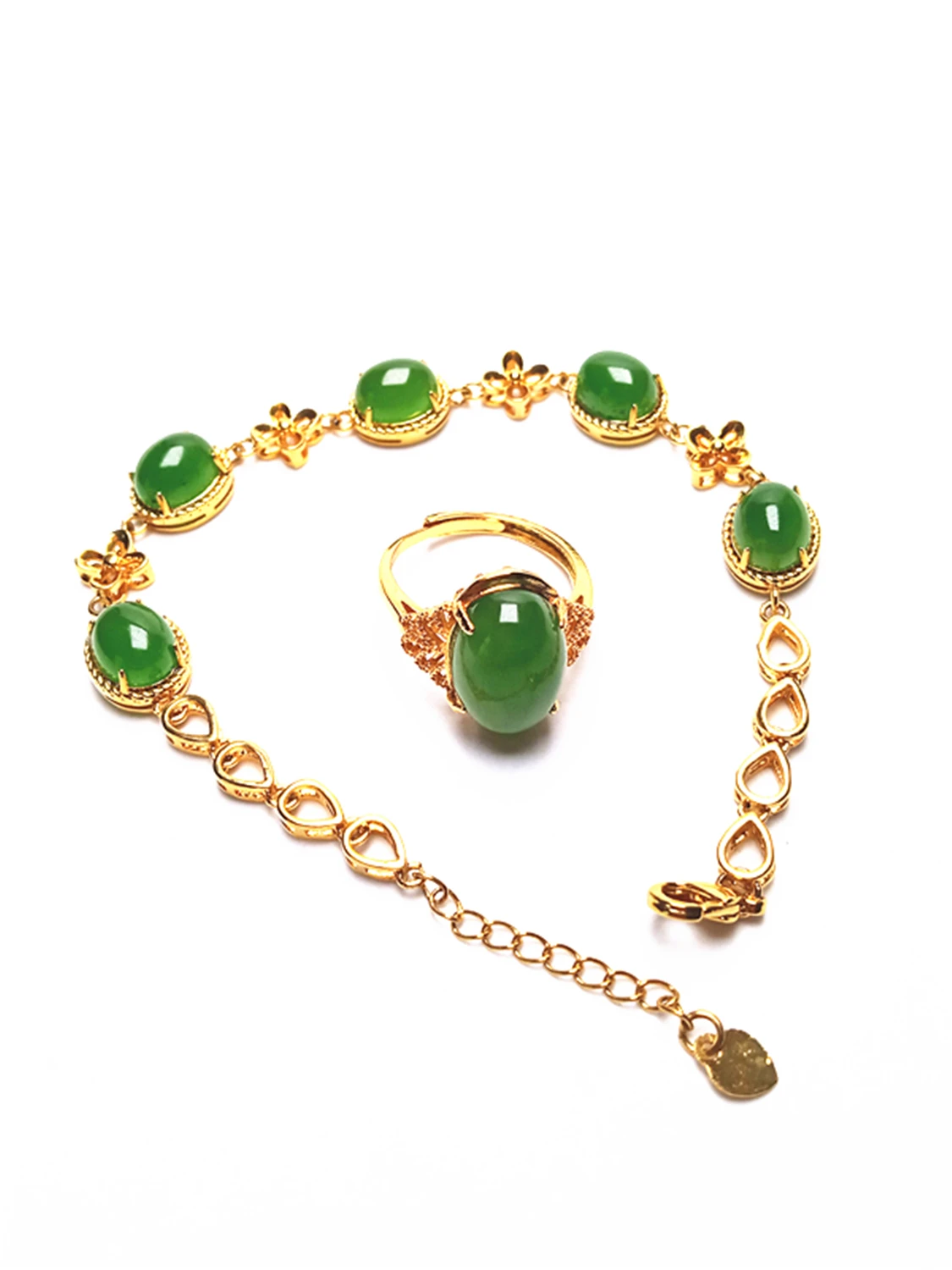 

Koraba 2pcs Genuinely 14K Gold Retro Baroque Natural Green Jade Gemstone Bracelet Rings Women Jewelry Set