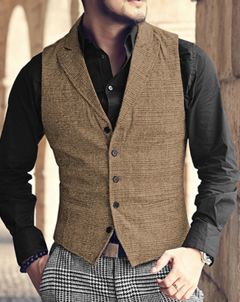 Gilet da uomo marrone Plaid Tweed Suit Vest Casual Notch risvolto gilet Groomsmen cappotto invernale per matrimonio, patry, nuovo