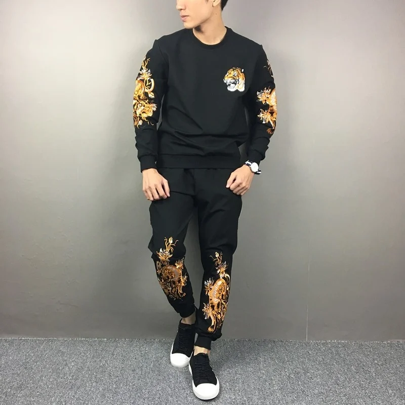 Mens Autumn Casual Tracksuit Two Piece Set Fashion Embroidery Sportswear Long Sleeve Pullover Tops Sweatpants Matching Sets Men