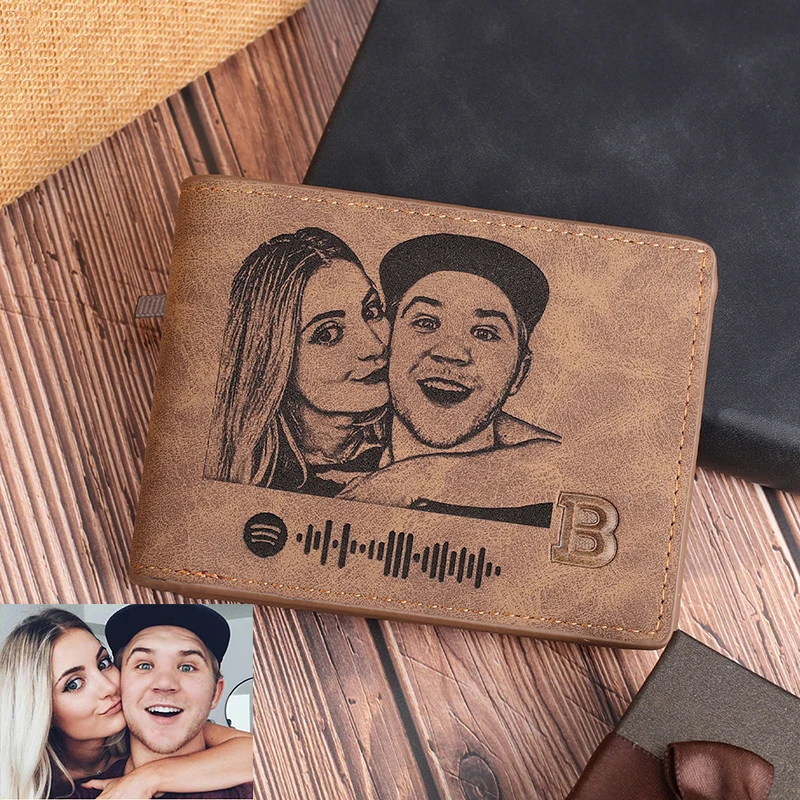 Custom Engraved Photo Wallet, Personalized Couple Portrait & Spotify Code, Unique Gift for Him,Custom Leather Bifold Mens Wallet