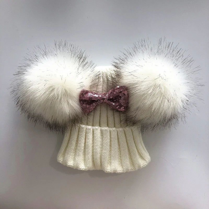 Kids Bow Knot Knit Double Pompom Hat For Girls Faux Fur Baby Caps Winter Children Beanie