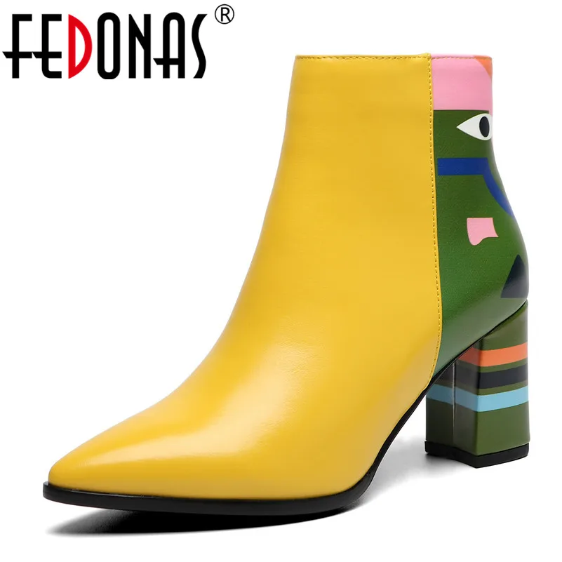 FEDONAS 2025 Fashion Brand Women Ankle Boots Print High Heels Ladies Shoes Woman Party Dancing Pumps Basic Leather Boots