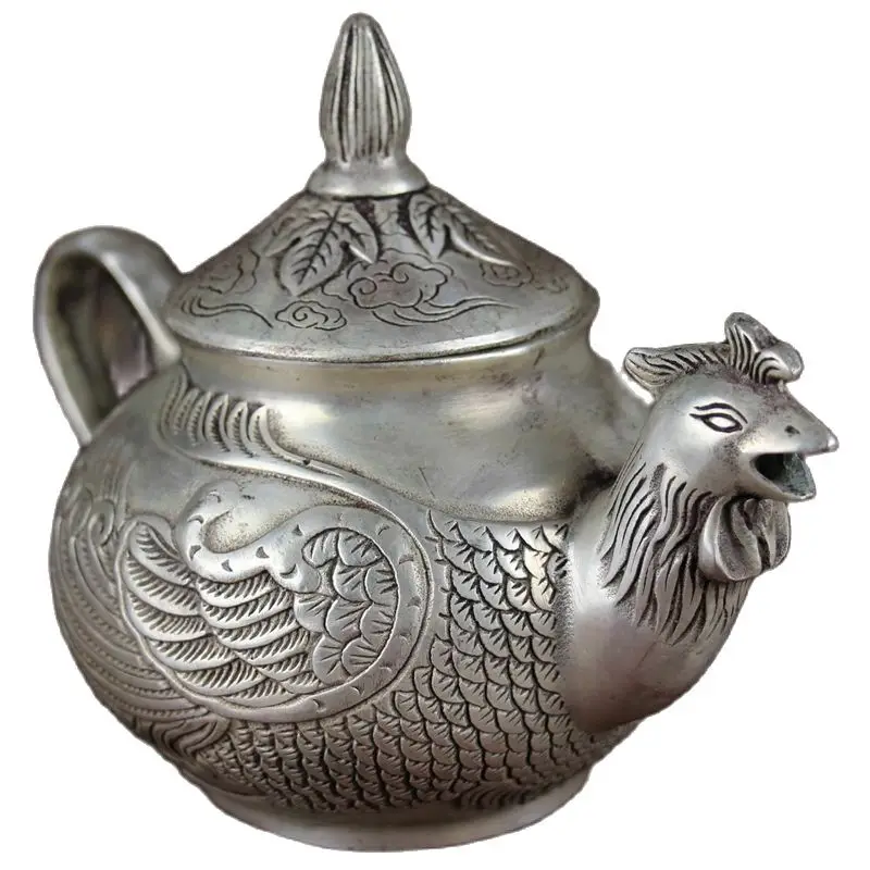 

China Old Feng Shui Ornaments White Copper Silver Plating Cock Pot