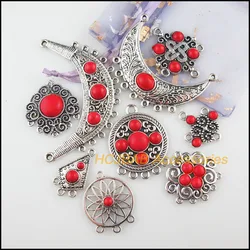 New Red Turquoise Stone Charms Connectors Flower Moon Round Tibetan Silver Plated Pendants Retro