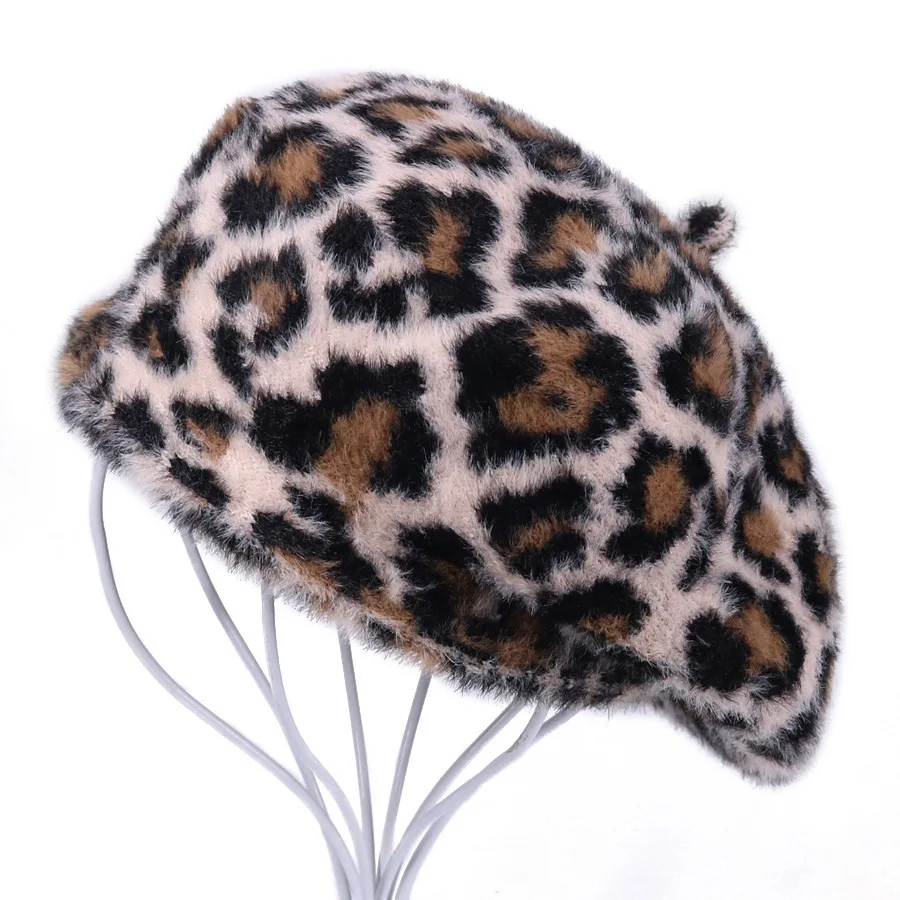 

H7479 Japanese Leopard Beret Hat Women Imitation Mink Fleece Korean Knitting Painter Berets Cap Autumn Winter Lady Fashion Caps