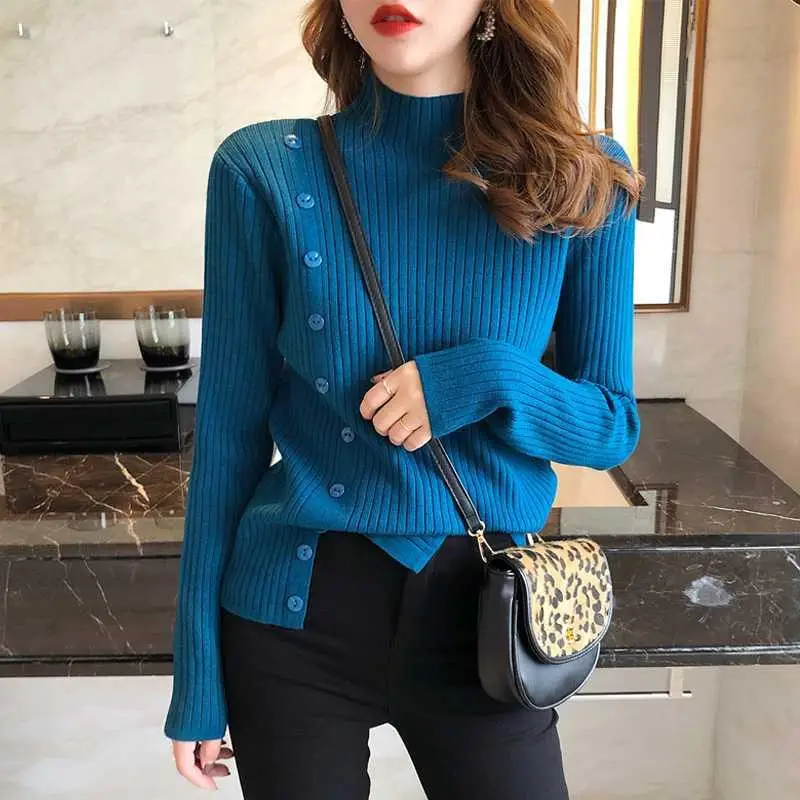 Autumn Spring Full sleeve Button Turtleneck Ladies Pullovers 2022 elastic Slim Ladies Jumpers Women Soft Wool Split hem sweaters