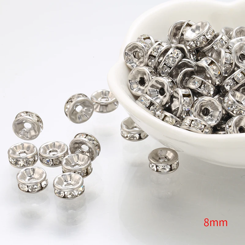 20 pcs Silver Rondelle Stainless Steel Crystal Spacer Beads Disc with Rhinestone for Jewelry Making DIY Bracelet