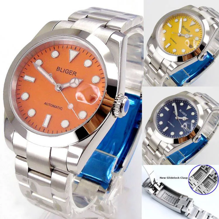 

36mm/39mm Polished Case Yellow Orange Blue Dial Sapphire Crystal Luminous NH35 Automatic Men Watch Glider Lock Steel Strap