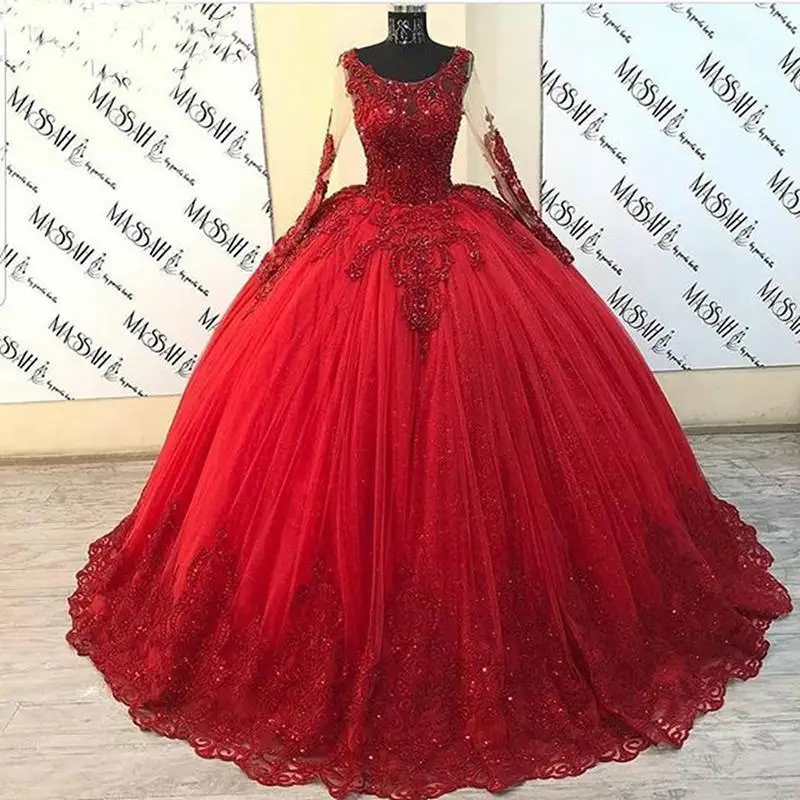 Rotes Tüll Brautkleid lange Ärmel Ballkleid boden lange Brautkleider Spitze Applikationen Prinzessin Braut tragen