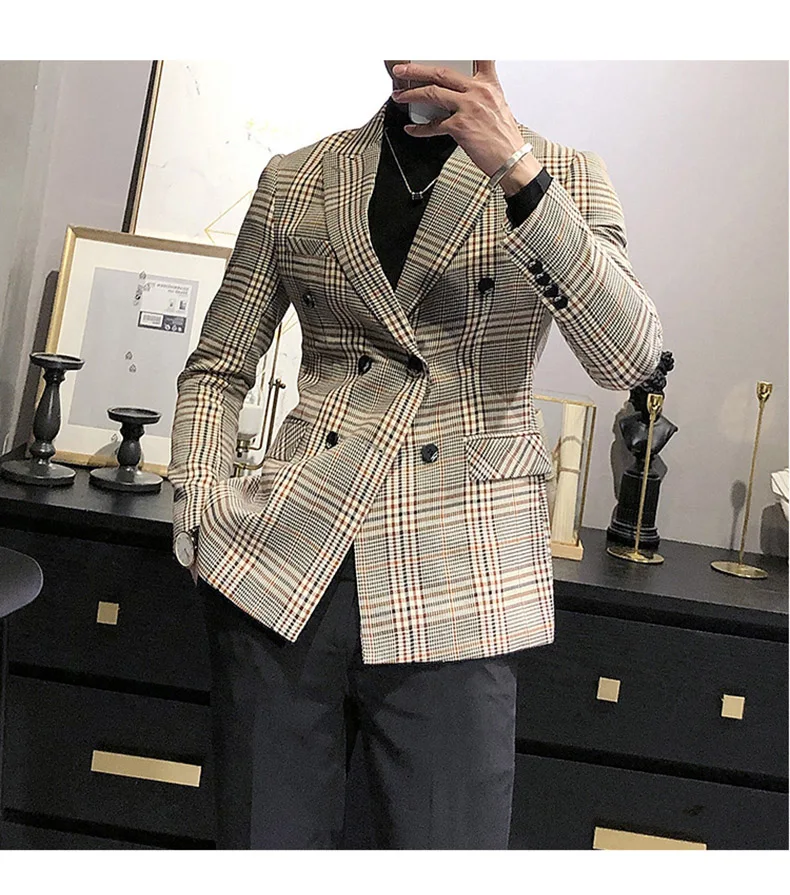 Men\'s Tuxedos New Arrival Plaid Casual Double Breasted Slim Fit Blazer Mens Suit （Only Jacket）