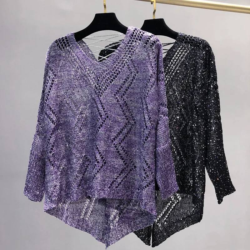 

batwing sleeve purple sequined pullovers women loose batwing tops summer sequins t shirts tops dis5