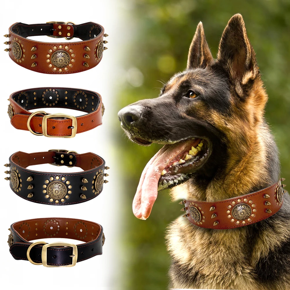 

Cool Pet Dog Collar Leather Dog Collars Adjustable Spiked Studded Big Dog Collar For Medium Large Dogs Pitbull Correa Perro