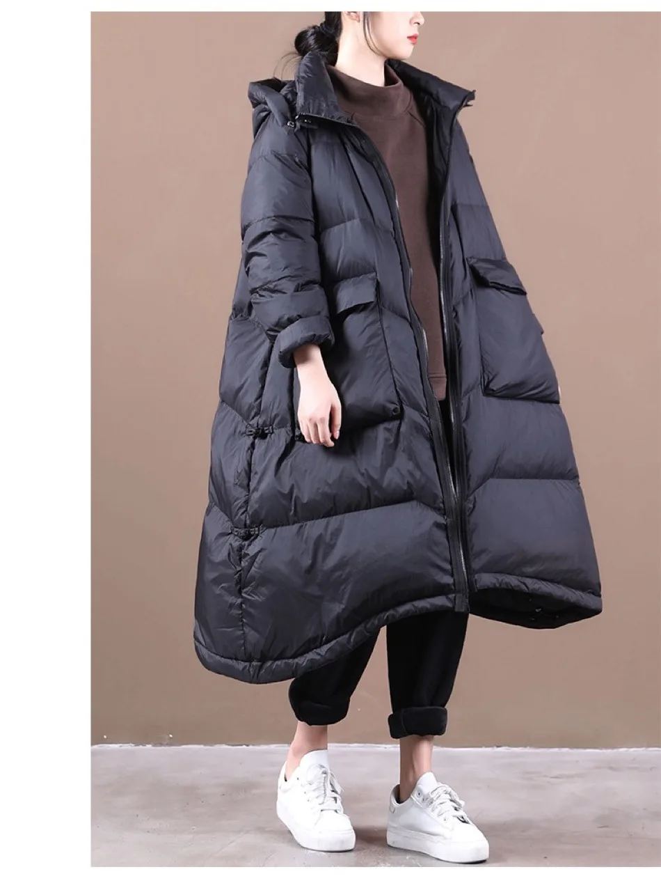 2021 new women\'s casual big hem solid color oversized coat pocket stand collar duck down jacket with detachable hat puffer coat