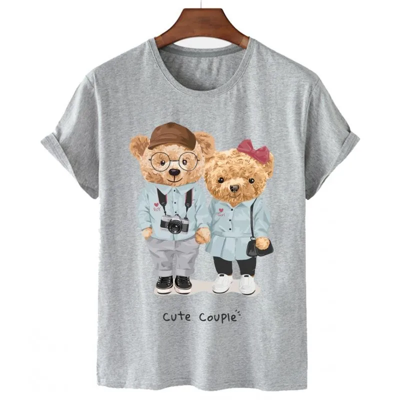 100% Cotton Couple Bear Print Short-sleeved T-shirt Female Half-sleeved Summer Casual 1 Couple Oversized T-shirt Ladies Shirt