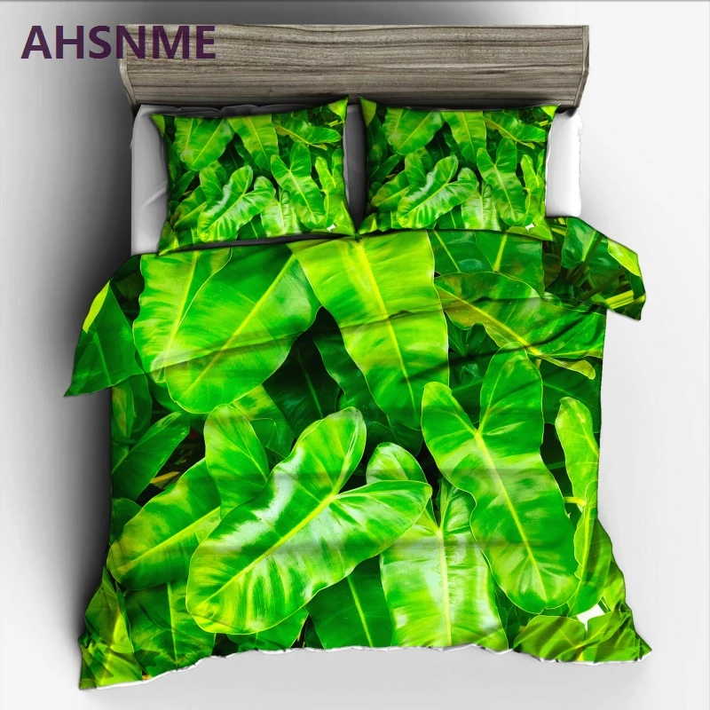 

AHSNME Summer cool Green Banana Leaf Bedding Set High-definition Print Quilt Cover for US RU AU EU King Queen Double Size