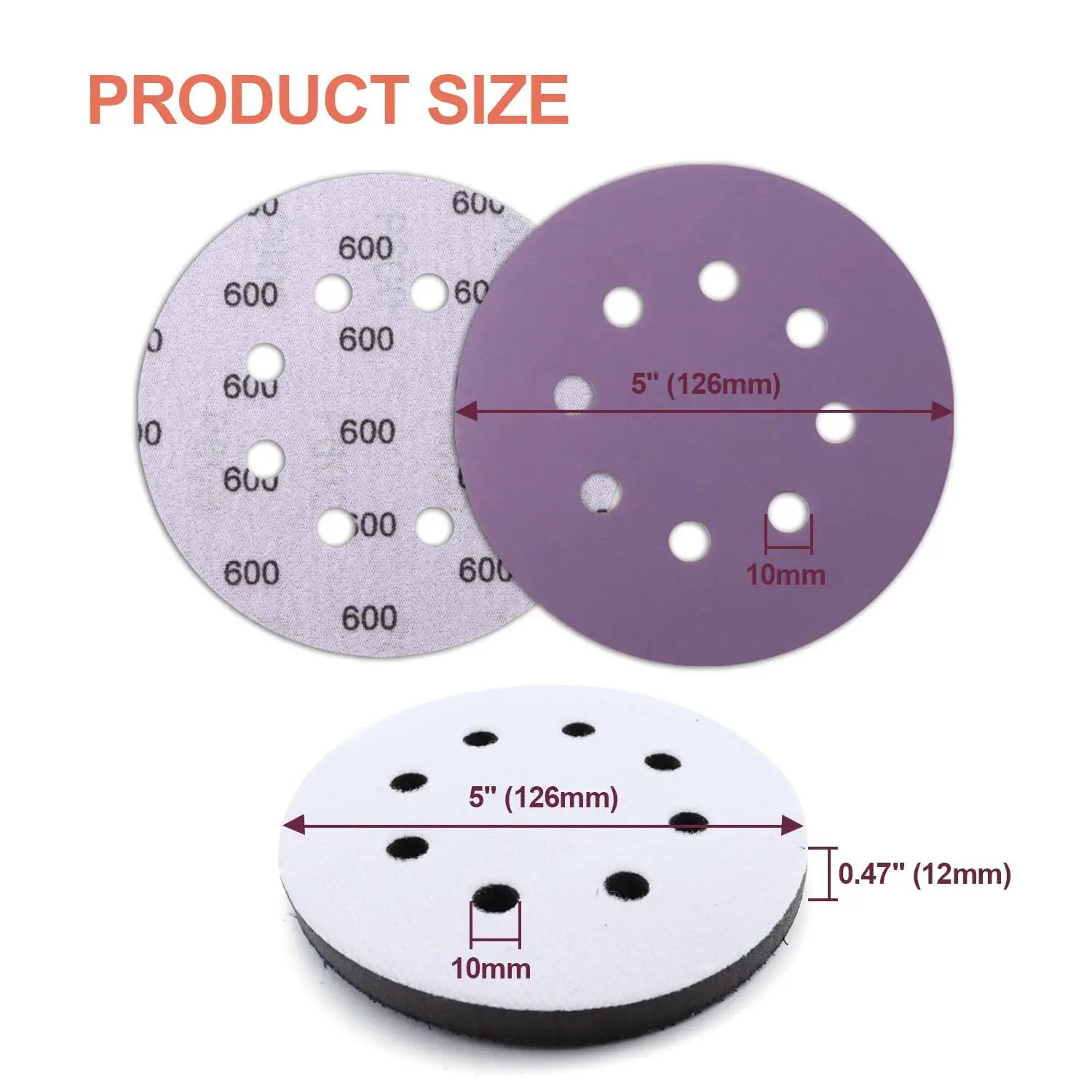 60PCS 5 Inch 8 Holes Sanding Discs Purple Film Orbital Sander Hook and Loop 8 Hole Wet Dry Sandpaper Assorted with Interface Pad