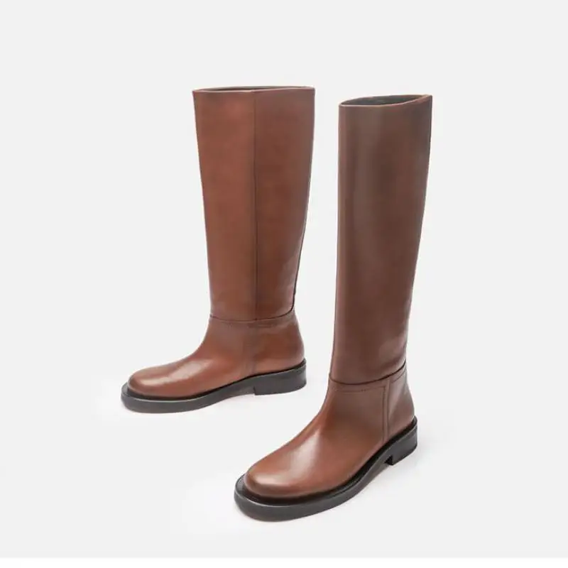 Brown Real Leather Knee High Boots Women Retro Rider Boots Female High Tube Round Toe Winter Warm Rain Boot Shoes Woman Botas