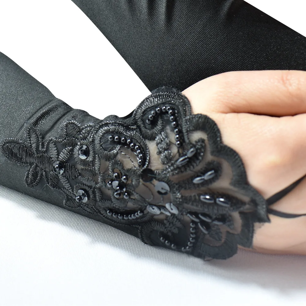 Vintage 1920s Fingerless Lace Sequins Satin Classic Party Gloves Costume Accessories Stretch Opera Black Women Long Lace Gloves