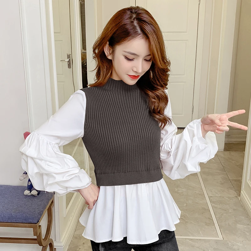 Korean fashion knit stitching false two pieces lantern sleeve shirts kawaii ladies high neck peplum top ruffle blouse