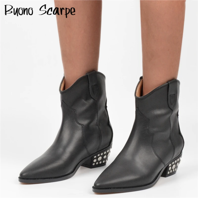 

Rivet Chunky Heel Women Western Cowboy Boots Real Leather Suede Slip On Short Boots Pointed Toe Mujer Knight Boots Fashion Botas