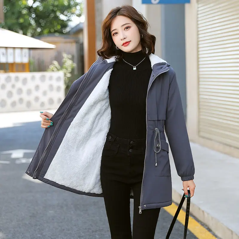 Windbreaker Women Jackets New Winter Mid-Length Loose Coat Hooded Lace-UP Female Jacket Plus Velvet Warm Outwear Ladies Outcoat