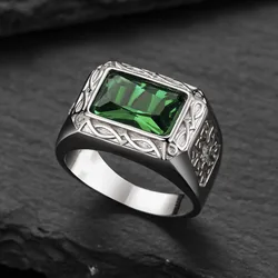 Valily Green CZ Cut Carving Wedding Rings Stainless Steel Vintage Band Jewelry for Women & Men US Size7-13