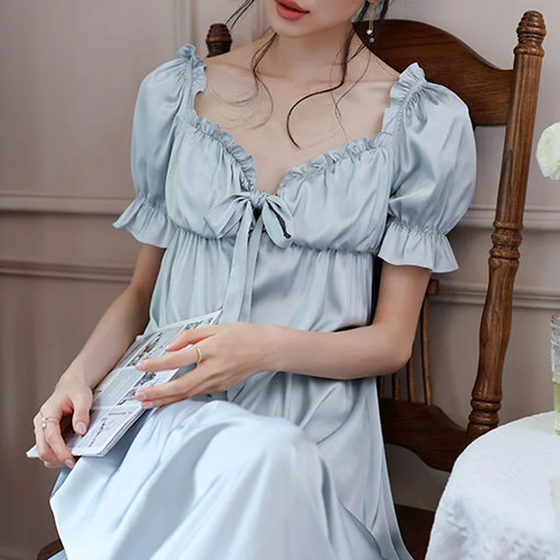 Nightgowns Women Sexy Blue Pink Sweet Maiden Thin Elegant V-neck Mid-calf Loose Female Princess Sleep Home Fairy Comfortable Ins